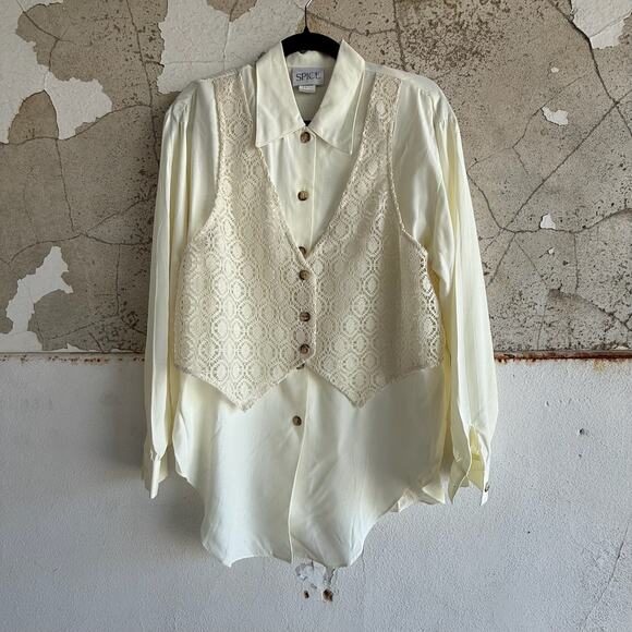 Vintage Blouse with Crochet Lace Vest Cream USA Made 90s Prairie Minimalist Top - Picture 2 of 6